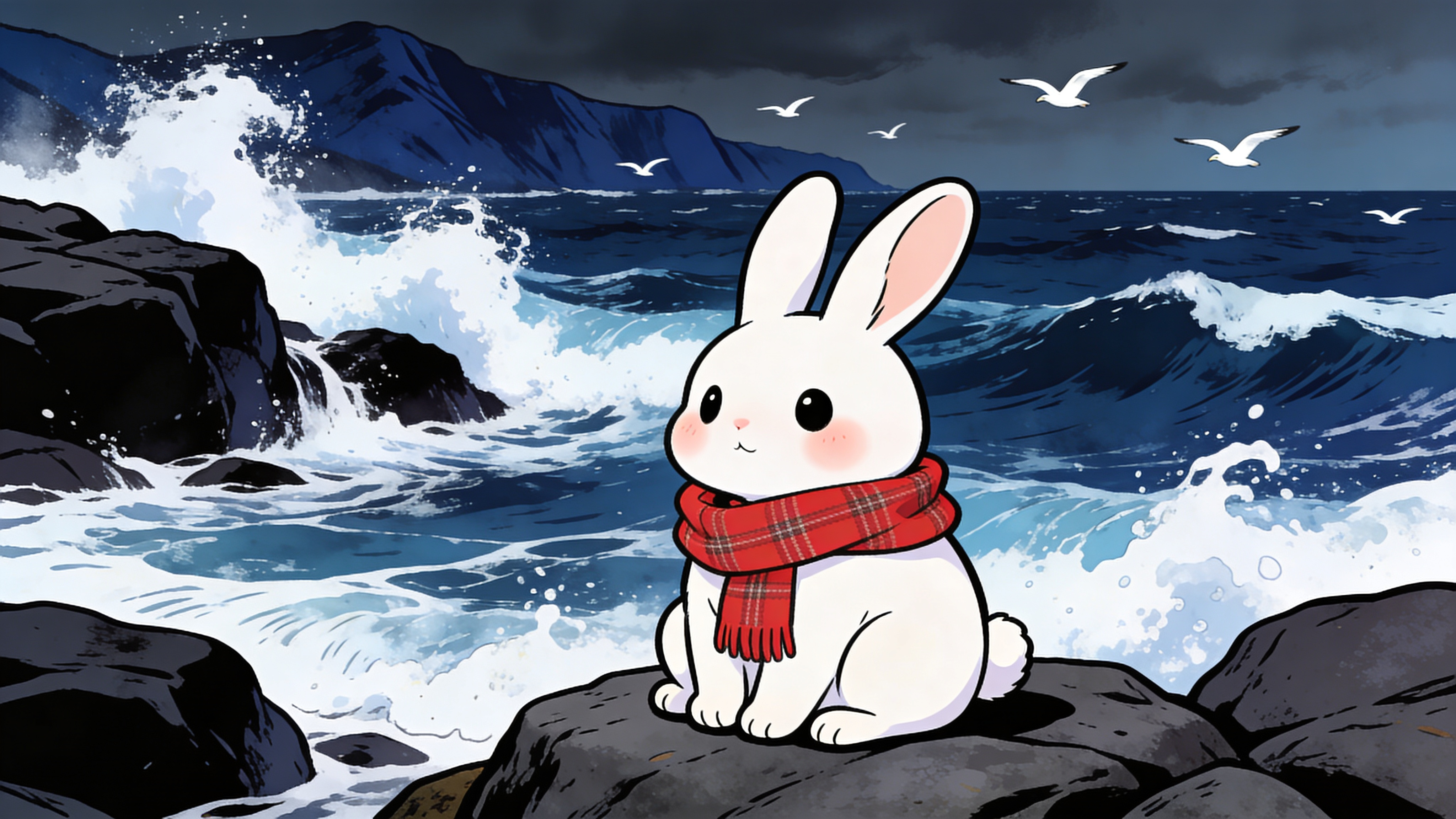 Cute Rabbit In Scarf By Stormy Ocean