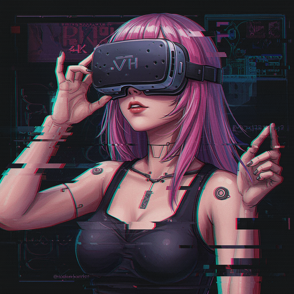 A female VTuber with a cyberpunk aesthetic, wearing a VR headset, captured in 4k with high detail. The image has a synthwave style influence, with intentional distortions such as text errors, missing or extra digits, cropped sections, and low resolution elements. The anatomy may appear disjointed with additional limbs or fingers, resulting in a blurred and fuzzy appearance. The overall quality is intentionally diminished with JPEG artifacts, poor focus, and elements outside of the frame. The art might include tiling issues, with disfigured or mutated features. There may be signs of digital interference, such as watermarks or signatures, contributing to a chaotic yet intriguing visual composition. A female VTuber with a cyberpunk aesthetic, wearing a VR headset, captured in 4k with high detail. The image has a synthwave style influence, with intentional distortions such as text errors, missing or extra digits, cropped sections, and low resolution elements. The anatomy may appear disjointed with additional limbs or fingers, resulting in a blurred and fuzzy appearance. The overall quality is intentionally diminished with JPEG artifacts, poor focus, and elements outside of the frame. The art might include tiling issues, with disfigured or mutated features. There may be signs of digital interference, such as watermarks or signatures, contributing to a chaotic yet intriguing visual composition.
