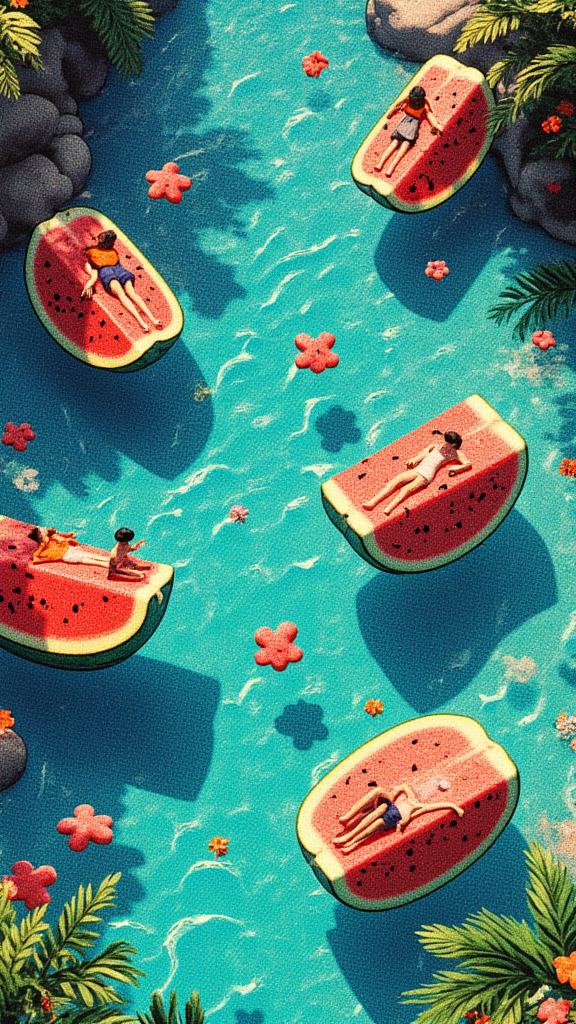 Tilft shift miniature world with a cartoon style, watermelons floating in the water and little people relaxing, blue sea background, 3D rendering