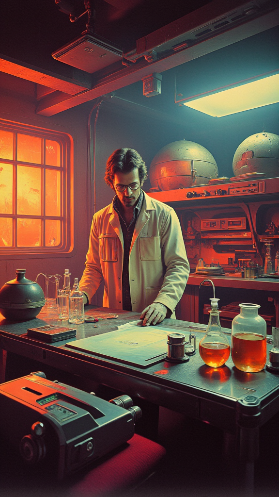 70s sci-fi mad scientist in a lab