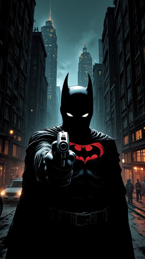 Beauty,realism,chiaroscuro,cinematic quality,rays of light,play of shadow and light,
A noir-style comic book scene featuring a batman, holding a gun pointed directly at the viewer. The setting is a dark city at night, with tall buildings and glowing streetlights in the background, adding to the urban, gritty atmosphere. The color palette is mostly black and white, with only the red accents standing out vividly, creating a dramatic contrast. The scene is filled with tension, evoking a sense of mystery and high-stakes action. Beauty,realism,chiaroscuro,cinematic quality,rays of light,play of shadow and light,
A noir-style comic book scene featuring a batman, holding a gun pointed directly at the viewer. The setting is a dark city at night, with tall buildings and glowing streetlights in the background, adding to the urban, gritty atmosphere. The color palette is mostly black and white, with only the red accents standing out vividly, creating a dramatic contrast. The scene is filled with tension, evoking a sense of mystery and high-stakes action.
