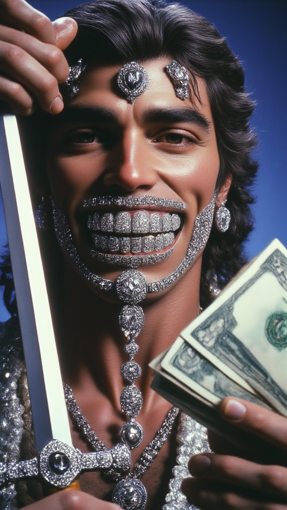 gr!llz, photograph ArsMovieStill, 80s Fantasy Movie Still, The image is a close-up portrait of a man holding a sword. his teeth are encrusted with shiny platinum diamonds and he is holding a huge stack of money up to his ears gr!llz, photograph ArsMovieStill, 80s Fantasy Movie Still, The image is a close-up portrait of a man holding a sword. his teeth are encrusted with shiny platinum diamonds and he is holding a huge stack of money up to his ears