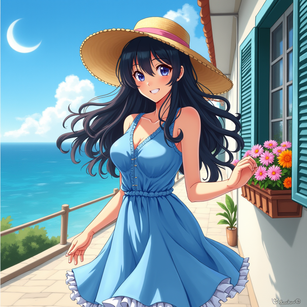 An 25 year old anime woman in a blue dress and straw hat, with long black hair and flowing curly bangs, in the style of anime, against a background of a coastal street by the sea, on a bright sunny day, with flowers on a windowsill, with a cheerful expression, with detailed design, with a watercolor painting effect, and vibrant colors,