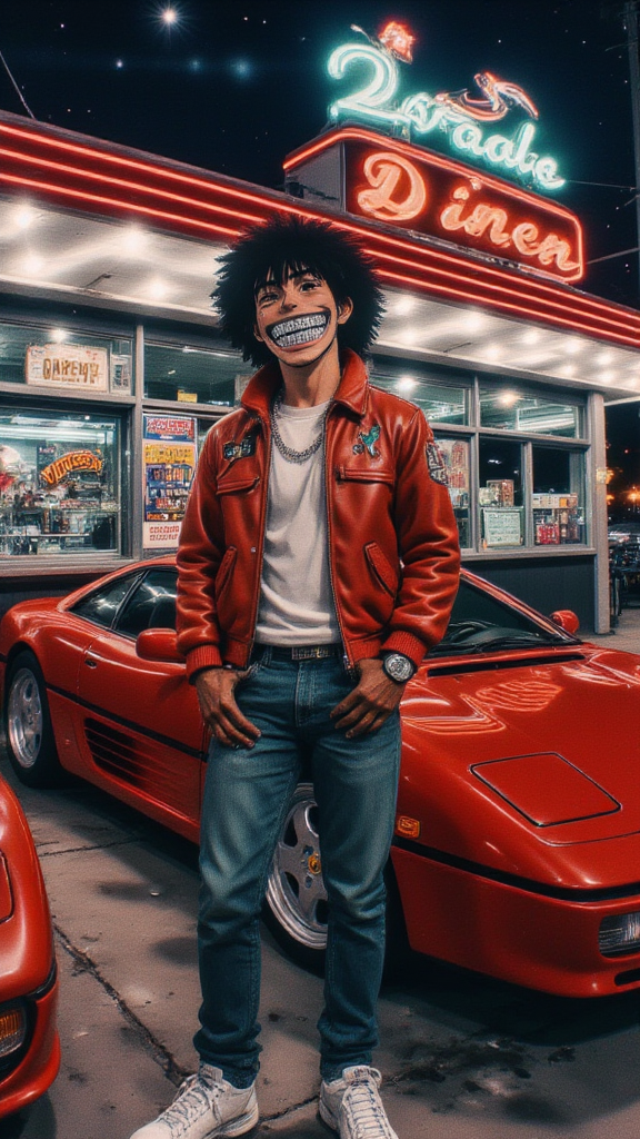 hes wearing gr!llz in his mouth with a large smile, vintage anime diner, man driving a red ferrari parked outside, wearing a letterman jacket and leather gloves, neon lighting, retro