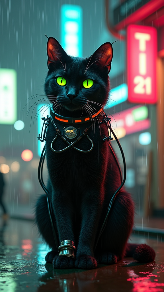 Masterpiece, 4k, 8k, high quality, highly detailed, concept art, A cyberneticly enhanced cat, glowing neon green eyes, cables on back, robotics, one paw is metalic, looking at viewer, sitting on a bar of a noodle shop, grooming itself, cyberpunk setting, raining, neon lights,