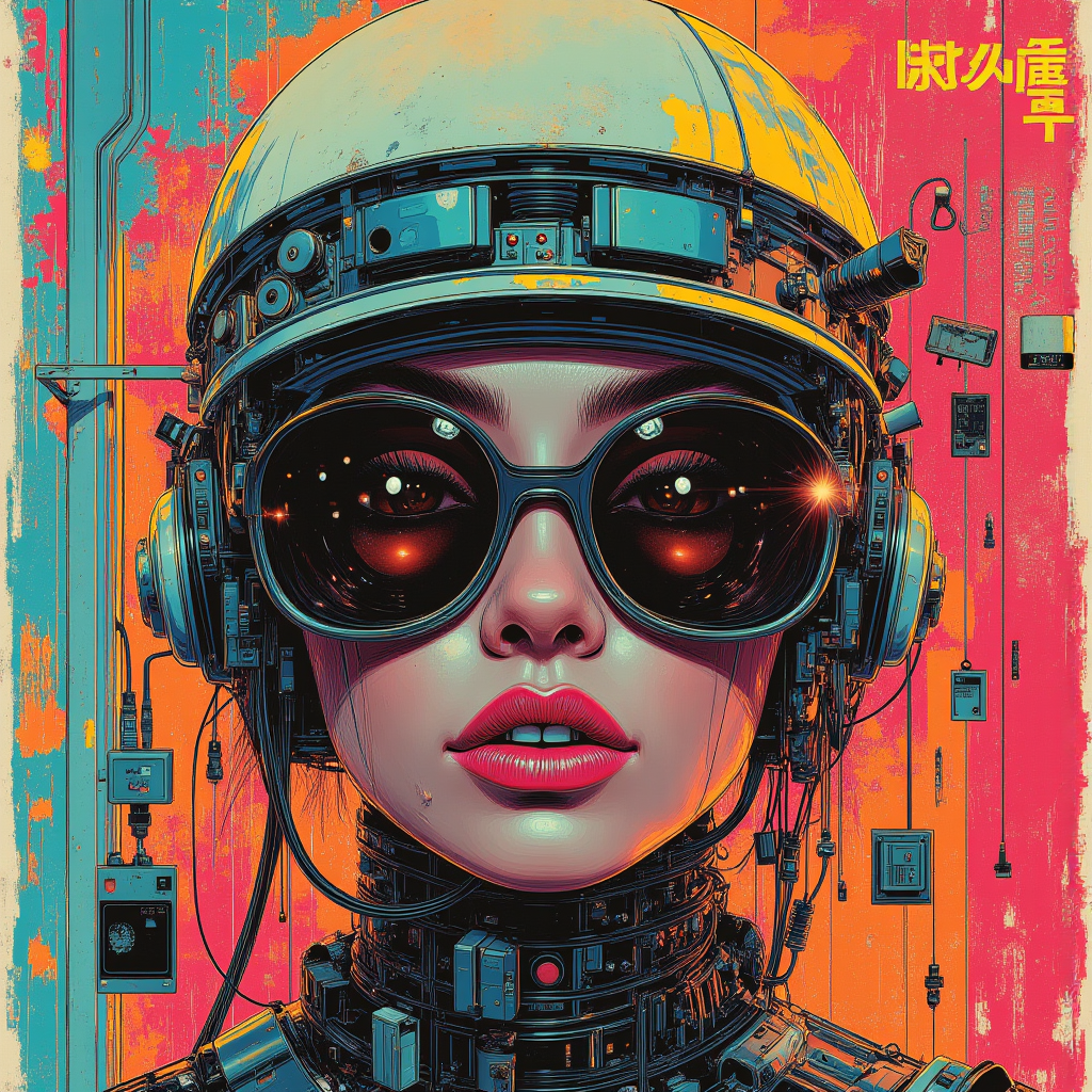 Advertising poster style (retro cyberpunk) anime, a woman (cyborg:1.3) with a helmet on his head , cyberpunk, cyberpunk art, cyber (a lot of wires and a lot of small parts:1.4) (Xenotrip:1.5) . Professional, modern, product-focused, commercial, eye-catching, highly detailed Advertising poster style (retro cyberpunk) anime, a woman (cyborg:1.3) with a helmet on his head , cyberpunk, cyberpunk art, cyber (a lot of wires and a lot of small parts:1.4) (Xenotrip:1.5) . Professional, modern, product-focused, commercial, eye-catching, highly detailed