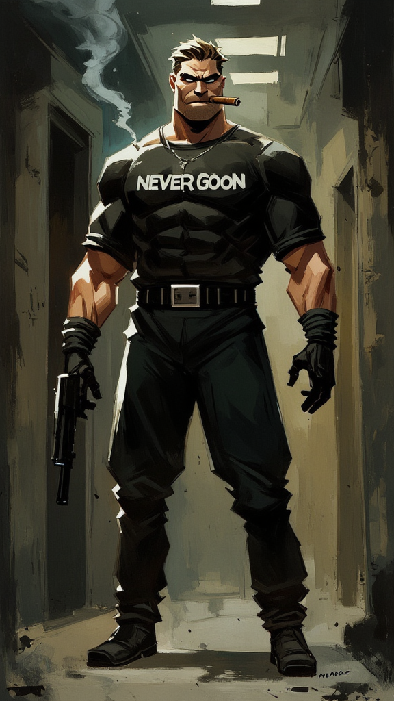 An extremely muscular minion, wearing a black shirt that says "NEVER GOON", smoking a cigar, holding a gun, Basement apartment setting, dimly lit An extremely muscular minion, wearing a black shirt that says "NEVER GOON", smoking a cigar, holding a gun, Basement apartment setting, dimly lit