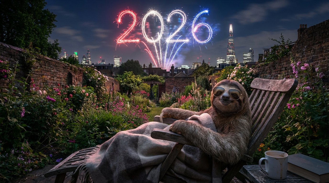 a realistic high quality intricately detailed digital image of a chilled sloth relaxing in a deck chair in a london garden at midnight, he's wearing sunglasses and turned to the camera as fireworks go off in the sky writing out "2026", they glow at night
