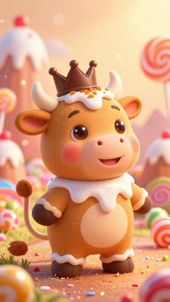 A cute, happy, cartoon-style gingerbread cow with large, sparkling brown eyes and rosy cheeks, wearing a small chocolate crown. The cow has white icing dripping down its body and a caramel mane, all dusted with glitter. It is positioned slightly off-center, looking up and to the right, in a whimsical candy land. The background is filled with blurred, colorful lollipops and candy mountains, covered in white icing and sprinkles, under a warm, soft, golden hour glow. The atmosphere is sweet and magical, with subtle bokeh and glittering particles. Highly detailed, digital painting.