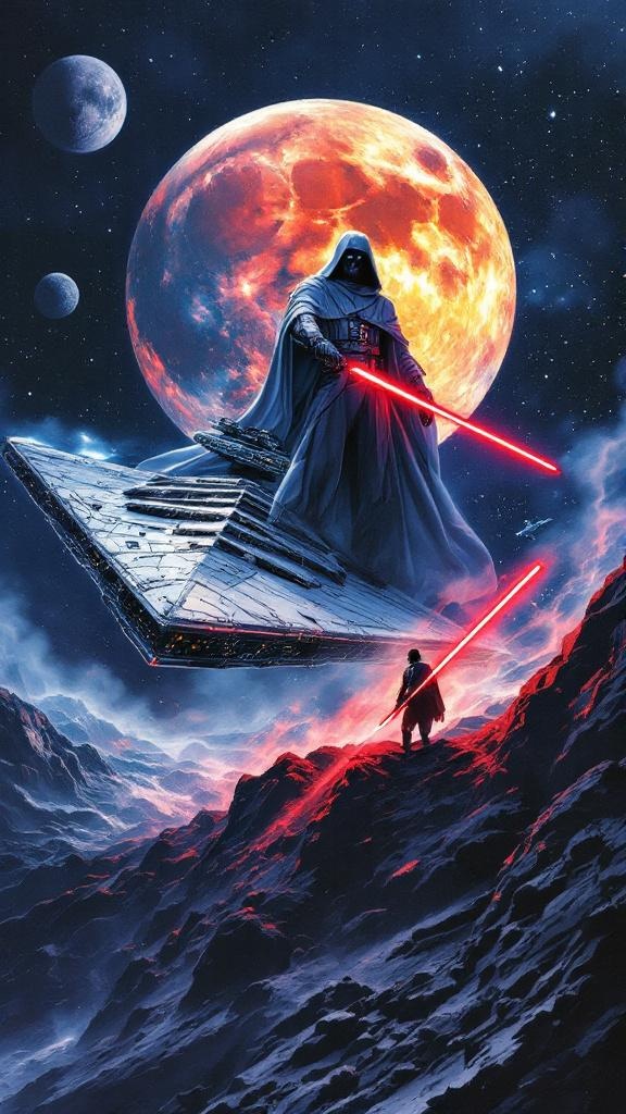 Adventurous 80's poster of a star destroyer with a crimson light saber wearing man., in the style of anime