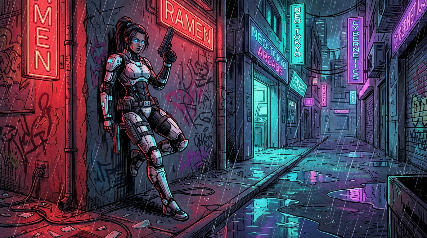Cyberpunk Female Warrior In Rainy Neon City