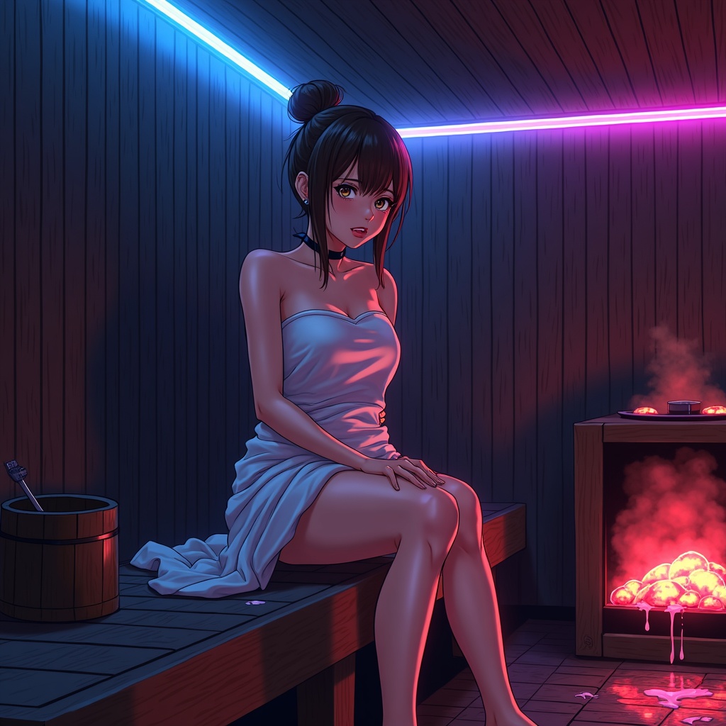 Anime Woman In Cyberpunk Sauna Full body shot of a detailed anime-style woman with brown hair tied up, wearing a white towel and black choker, sitting in a cyberpunk sauna. She looks hot and sweaty, with a slightly distressed expression. The sauna features wooden walls, a glowing neon blue light strip on the ceiling, and another pink neon light strip below the bench. A sauna heater with glowing red coals and dripping water is on the right. Steam fills the air, and water puddles reflect the neon lights on the dark floor. A wooden bucket with a ladle is visible on the left. The art style is a blend of detailed anime and comic book aesthetics, with strong outlines and vibrant colors, creating a moody, futuristic atmosphere.