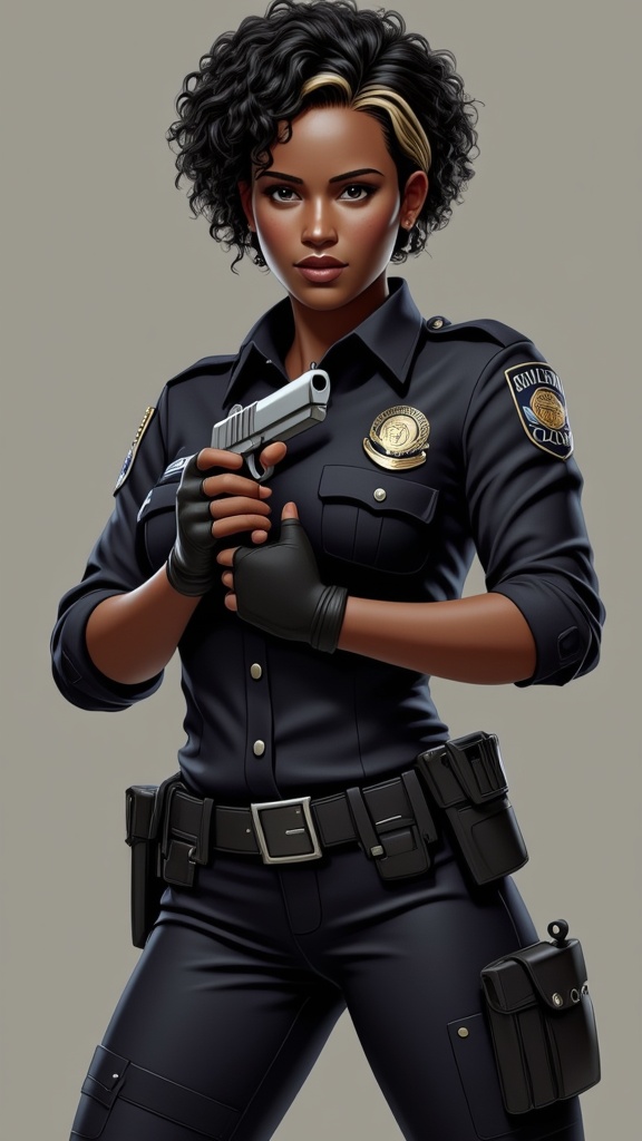 Female cop, lieutenant, streetwise super-hero. African-American female, feminine but tough. Tall, strong, athletic. Curly black short hair, swept back on one side, blonde streaks on the top. Smooth brown skin, Hazel eyes. Beautiful face, moderate  make-up.  Black police uniform,  feminine version. Quick dexterity and fast reflexes--- she can catch a bullet in the air. She is invulnerable to physical damage, bullets bounce off her and fire, electricity, bombs do not effect her. If she does get any physical damage, she can heal herself. She carries a silver automatic pistol, she dies not miss her target. Full body pose, fighting stance. Probably busting up a drug ring. 