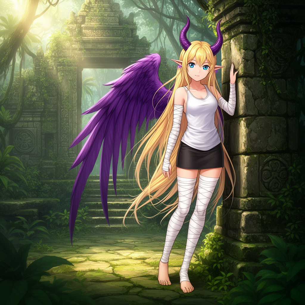 masterpiece, best quality, 1girl, solo, anime style, fantasy, blonde hair, long hair, blue eyes, pointy elf ears, two purple horns, large purple feathered wings, white tank top, black mini skirt, fabric bandages on legs and arms, barefoot, ancient jungle ruins, overgrown stone temple, mossy environment, sunlight filtering through trees, cinematic lighting, (vibrant colors:1.1). standing, leaning against stone wall, looking at viewer