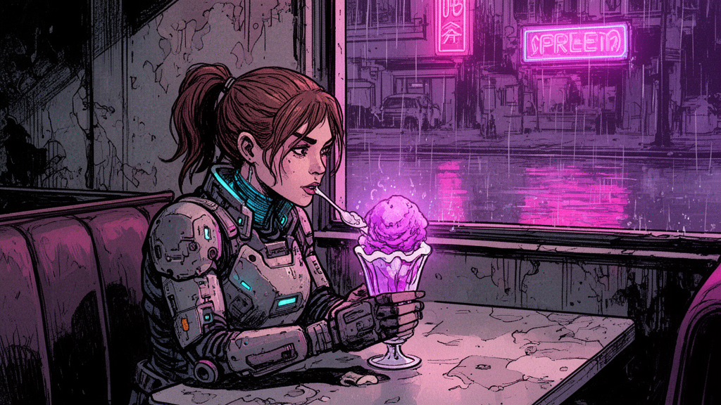 A Cyberpunk Woman With Brown A cyberpunk woman with brown hair in a ponytail, wearing futuristic armored gear, sits in a dark, worn-out diner booth, eating a glowing purple ice cream sundae. The art style is a gritty, hand-drawn comic book aesthetic with heavy black outlines. Outside the window, pink and purple neon signs reflect on a rainy street, creating a moody, atmospheric glow. The lighting is dim, contrasting the bright neon with the dark interior. Colors are predominantly purples, pinks, and muted grays, with hints of blue from her tech. The atmosphere is melancholic and cyberpunk noir, with a sense of quiet solitude amidst the urban decay.