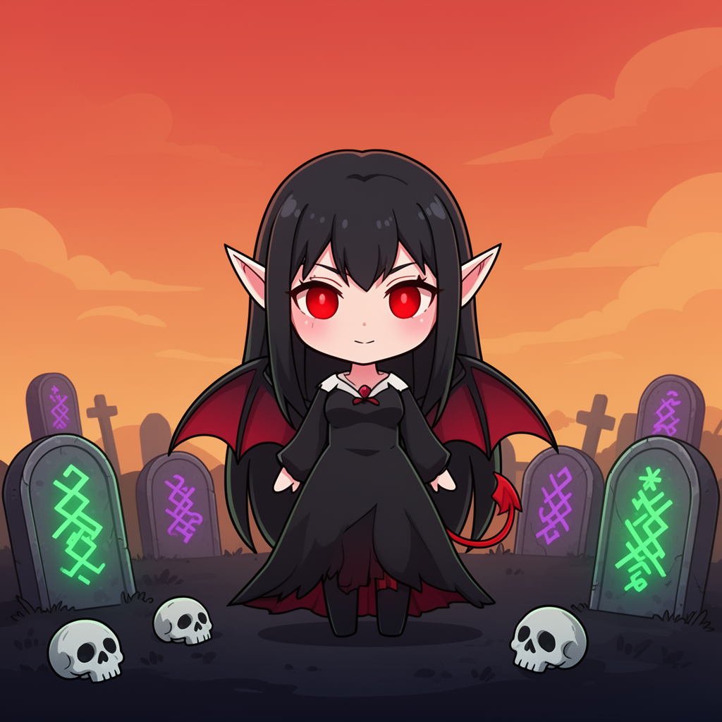 Cute Chibi Vampire Girl In Graveyard Chibi vampire girl, long black hair, red glowing eyes, pointy ears, black bat-wing dress, small bat wings on back, small devil tail. Standing in a graveyard with glowing green and purple runic gravestones, scattered skulls. Flat vector illustration, cartoon style, clean lines, vibrant colors, warm orange and red sky with soft clouds, dark ground. Centered composition, full body shot. Spooky, cute, Halloween mood.