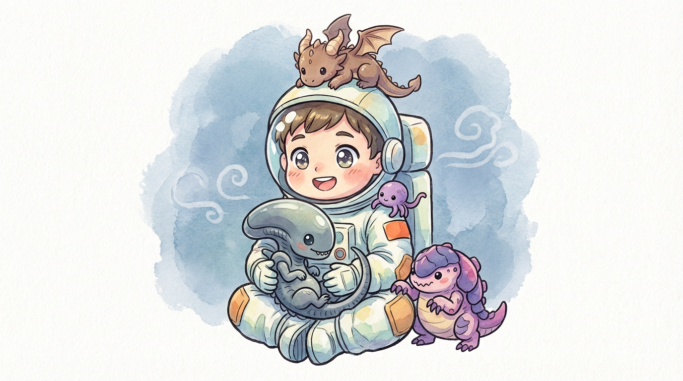 Chibi Anime Style Watercolor Illustration Of