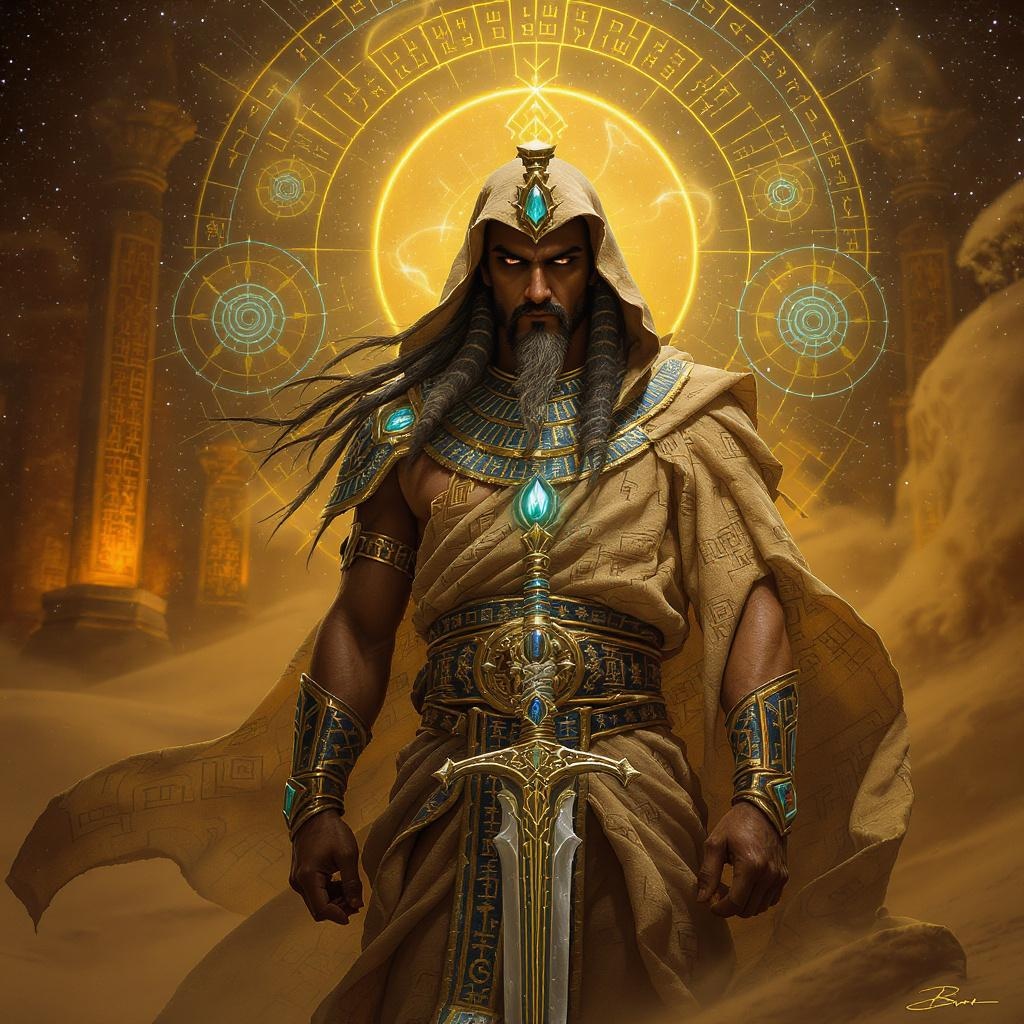 a solemn worrior in sand color robes woven with sa