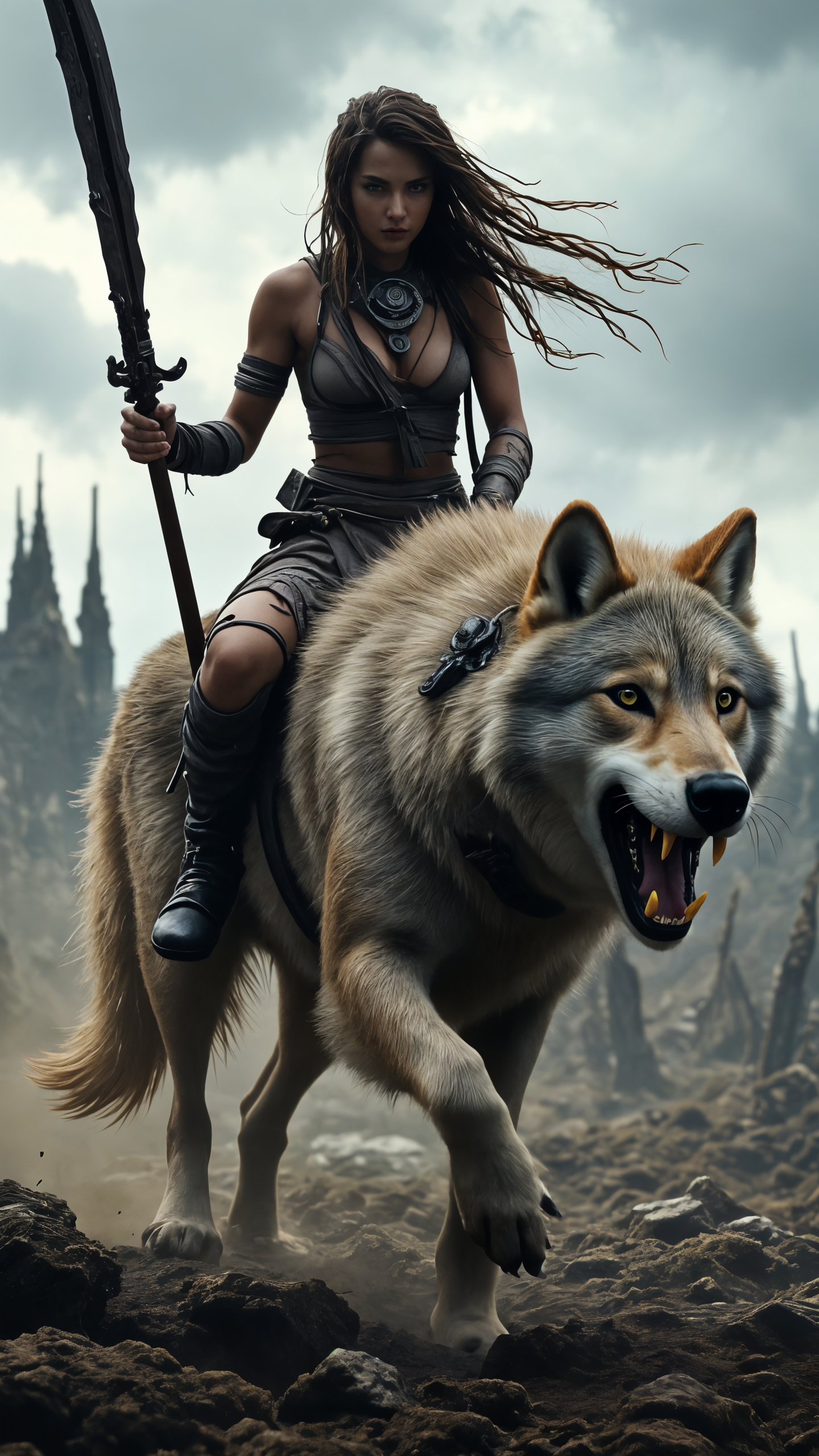 A Fierce Woman Straddling A Massive Wolf Mid Stride Across