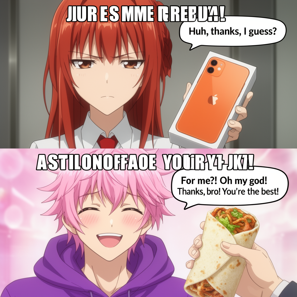 Anime style meme, two panels, split horizontally.
Top panel: Close-up of a redhead anime girl, Kurisu Makise from Steins;Gate, with a skeptical expression, wearing a white shirt and red tie. A hand holds up an orange iPhone 11 Pro in its box next to her face. Text bubble: "Huh, thanks, I guess?". Soft lighting, neutral mood. Colors are muted greys, browns, and white, with the bright orange phone as a focal point.
Bottom panel: Close-up of Astolfo from Fate/Apocrypha, with pink hair, wearing a purple hoodie, looking overjoyed with rosy cheeks and a wide smile. A hand holds out a shawarma wrap next to him. Text bubble: "For me?! Oh my god! Thanks, bro! You're the best!". Bright, cheerful lighting, happy mood. Vibrant pinks, purples, and the warm tones of the shawarma. Both panels include meme text above them.