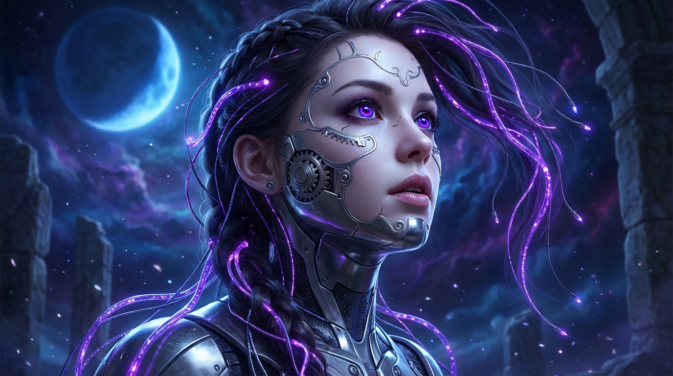 Close-up Portrait Of A Beautiful Close-up portrait of a beautiful cyborg woman with intricate facial mechanics and deep purple, glowing eyes, looking upwards. Cybernetic implants and wiring are visible on her head and shoulders, with glowing purple data streams intertwining with her hair. The background features a cosmic, ethereal sky with a bright blue moon/planet and subtle ruins, creating a sci-fi fantasy atmosphere. The overall style is hyperrealistic digital art with a touch of fantasy. The lighting is dramatic and moody, with strong backlighting highlighting the contours of her face and the reflective surfaces of her cybernetics. Colors are dominated by deep blues, purples, and silver, with scattered luminous particles creating a sense of wonder.