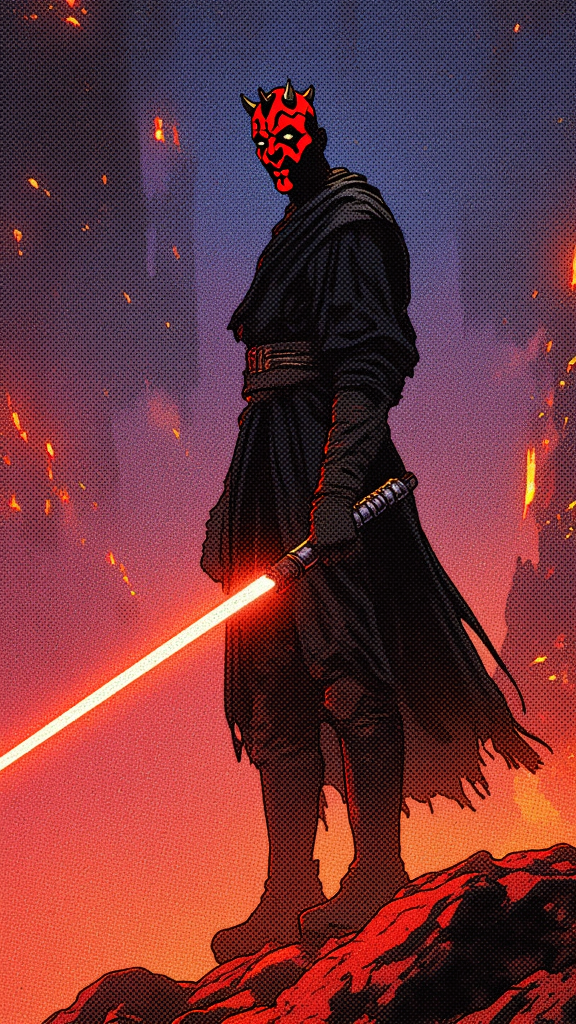 wide shot of darth maul with his emissive red double lighsaber in his hand while he is standing on the surface of a rocky volcanic planet scattered with volcanoes lit by the rivers of flowing molten lava, fog, night, dust, retro futuristic anime-inspired artstyle, futuristic, digital illustration, vivid, high contrast, cyberpunk, comic. egmid