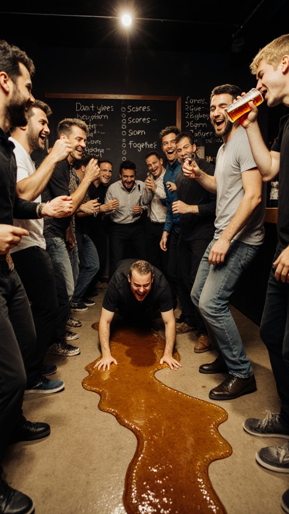 Everyone dances in their place, Valery (the blond guy on the right) drinks the beer and then spits it out of his mouth and the beer creates a limbo bridge and everyone else lines up and one by one does the limbo, while Ohana (the last guy in the right row of people) and the bartender behind them write down scores on an eraser board. Dor (the third guy in the left row of people) is too tall, can't get through and the beer falls on him, getting him wet. Everyone laughs together with joy while Dor continues to slide on the floor.