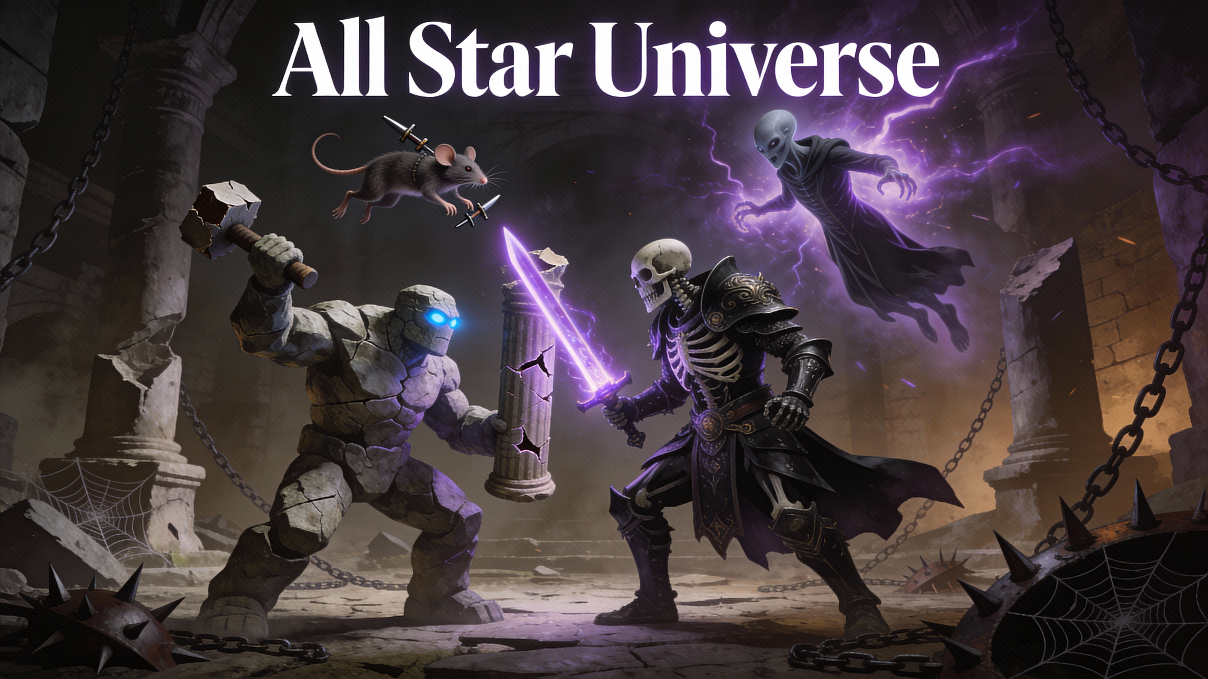 Epic Fantasy Battle In Ruined Dungeon Epic fantasy digital art, full shot. A stone golem with glowing blue eyes wields a broken pillar like a club, facing a skeleton knight in ornate black armor with a glowing purple sword. Above them, a rat-like creature with daggers jumps, and a grey alien in a dark robe floats, emanating powerful purple energy. Dark, dramatic lighting with strong contrasts. Desaturated earthy tones for the stone and background, vibrant purple for magic effects. The atmosphere is tense and mystical, set in a ruined, dark dungeon with broken columns, chains, spiderwebs, and spiked traps on the ground. Text overlay "All Star Universe" at the top.