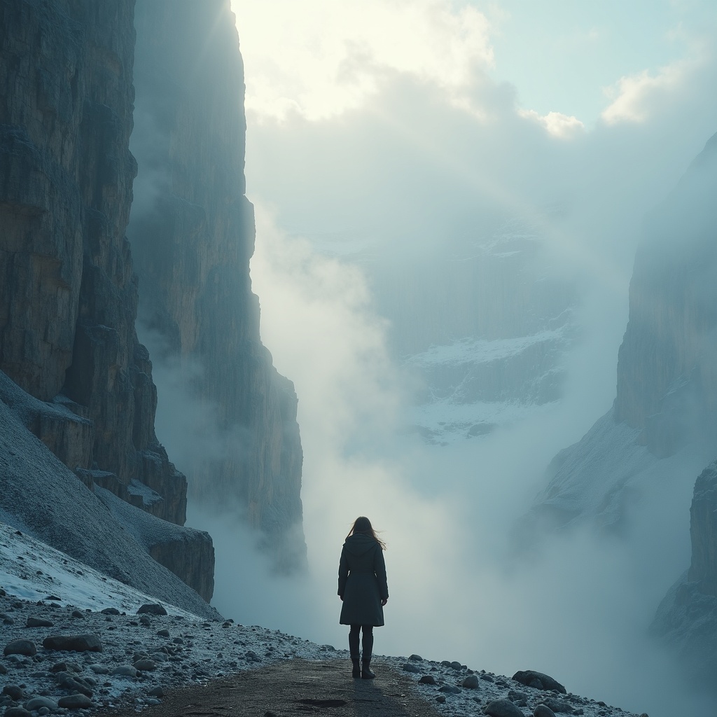 Woman Gazing At Colossal Misty Mountain