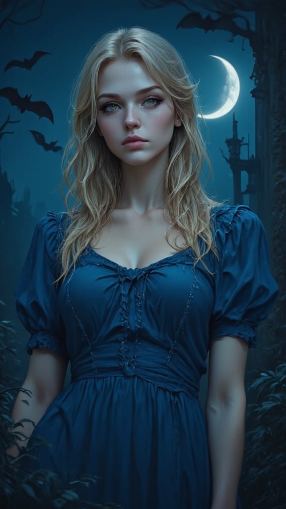 The image is a digital art piece that appears to be a portrait of a young woman with long blonde hair. She is standing in front of a dark blue background with a crescent moon and bats flying around her. The woman is wearing a blue dress with ruffles and has a serious expression on her face. Her eyes are closed and her lips are slightly parted, as if she is deep in thought. The overall mood of the image is mysterious and ethereal.