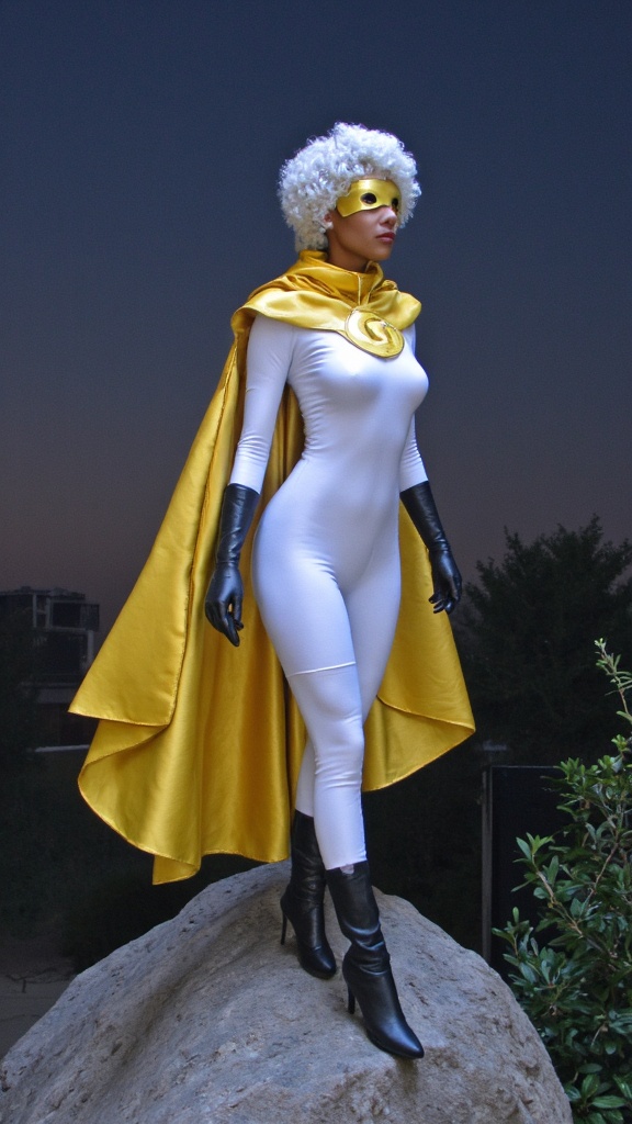 African-American female super-hero. She has the powers of the moon, and her abilities to use moonlight. Tall, lithe, athletic build. Smooth brown skin. Silvery-white hair with a short asymmetrical cut, shorter on back and sides, longer on top with curls that fall forward. She has beautiful brown eyes, but they're usually hidden behind a golden-yellow super-hero mask. Her costume is a full shimmering white form-fitting bodysuit that covers her from the neck down. Jet black arm-length latex gloves that come to points at the elbows and blend into her costume seamlessly. Black latex high-heeled boots that come to points up to mid thigh and blend seamlessly into her costume.  The upper part of her costume has a crescent moon on the front that starts at her left shoulder, works it's way towards her right rib and wraps back around to her left hip. The crescent moon symbol is also golden-yellow in color. She wears a short golden-yellow cape that is also shaped like a crescent moon that flows out and down from her neck and hooks into her left hip with a shiny crescent moon pin. 

She can create a crescent moon shaped bow made of energy, and fire light/energy blast arrows from it. They light up like stars when they hit their target. She can also see in the dark without the use of a flashlight, having night-vision within her eyes. She glows like the moon after dark. Full body pose, probably firing her energy arrows at a target while roaming the city limits. 