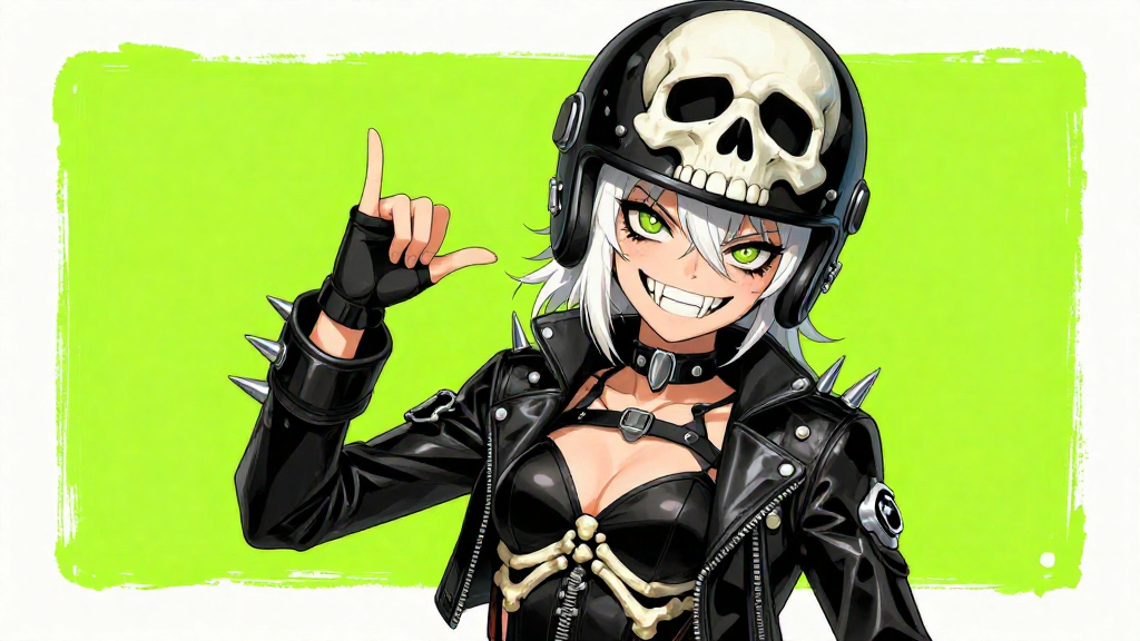 Anime style illustration of a mischievous, edgy girl wearing a skeletal biker suit with a skull helmet pushed back, revealing her face. She has sharp eyes, a wide grin with fangs, and white hair. Her suit is black and shiny, adorned with bone-like details and chrome spikes. She is making a "shaka" sign with her hand. The background is a vibrant neon green, with a thick, rough, off-white border. The lighting is bright and dynamic, creating a playful yet rebellious mood. Colors are primarily black, white, and neon green, with subtle skin tones. Detailed line art, comic book aesthetics.