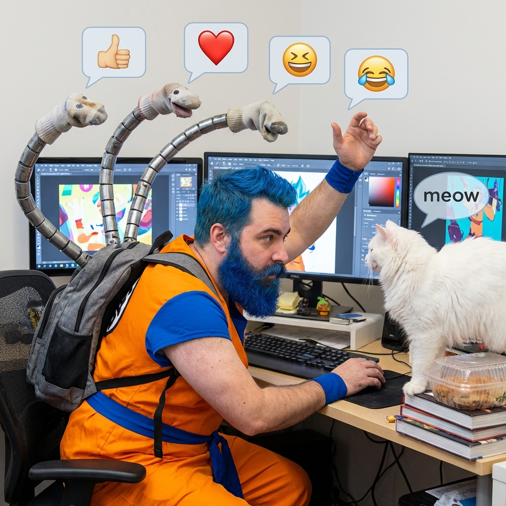 Blue-haired Goku Cosplayer With Tentacle Sock Puppets Photorealistic image of a man in a full Goku costume with blue hair and blue beard, sitting at a computer desk. He is wearing a backpack with four metallic, articulated tentacles emerging from it, each ending in a sock puppet head. A white cat stands on the desk to his right. Several computer monitors displaying art are visible in the background. Speech bubbles with emojis (thumbs up, red heart, laughing face, crying laughing face) float above the sock puppets and the man's arm. A "meow" speech bubble floats above the cat. The lighting is bright and even, creating a humorous and slightly absurd mood. The colors are vibrant, with Goku's orange and blue contrasting with the metallic tentacles and the white cat. A takeout container with food is on the desk.
