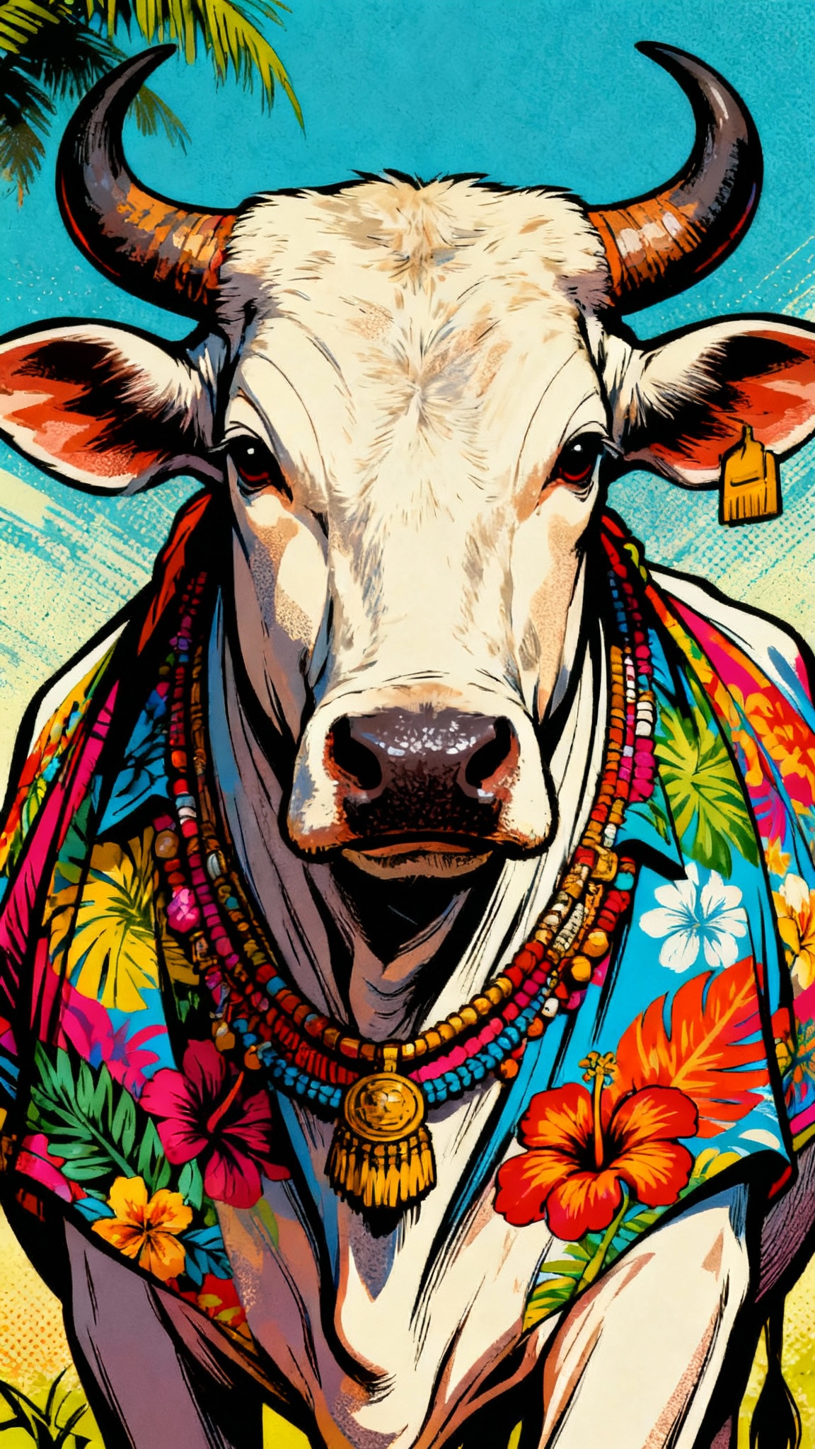 Hawaiian Inspired Modern Portrait Of A Nelore Cattle Adorned In