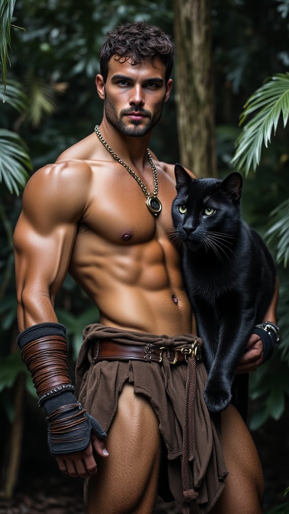 hypermasculine male, manly. Caucasian jungle man, dark brown hair short on sides longer on top. A brown leather band tied around the forehead. Tanned skin, smooth and hairless. Pale grey eyes with intense spiritual gaze. Strong brow and chiseled strong jaw, handsome, rugged looks. Soul patch on face. Tall, strong, muscular, sinewy, well defined, broad shoulders, broad chest, wide back. Olympian gymnast build/body. Gold necklace/talisman with leather strap around the neck. Wrapped brown leather bands around wrists, bands around tops of biceps, accenting big arms. Brown o-ring harness on the chest, strapped from the shoulder. Brown leather loincloth, barely covering  bulge in the groin area, exposing strong powerful legs. Soft, brown cloth knee-high boots wrapped around legs. Full body pose. He wields a unique bastard sword that he straps to his back. He keeps company with a huge, sleek black panther. ((MASTERPIECE))