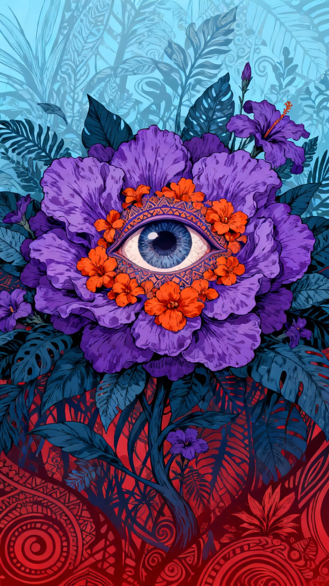 A captivating painting of a large eye surrounded by vibrant purple and orange flowers, intricately designed in the style of James Jean with a touch of Martin Ansin's mysterious jungle influence. The scene is enriched with elements reminiscent of Papua New Guinea art, blending light blue and red tones. The composition features lush, detailed foliage intertwined with abstract patterns, creating an enigmatic and immersive atmosphere. Rendered in ultra-high-definition, with a portrait-like aspect ratio that enhances its poster-quality allure, the artwork radiates a sense of wonder and mystique.