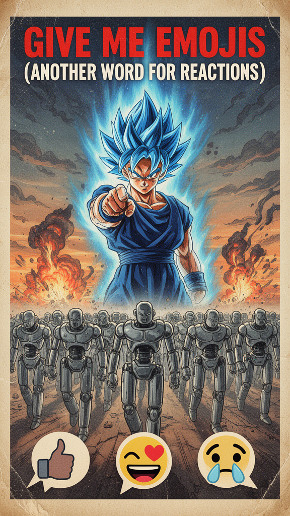 Propaganda poster, vintage comic book art style, distressed paper texture. Goku Super Saiyan Blue, chest up, pointing directly at the viewer, radiating intense blue aura. Below him, an army of identical, metallic robots marching forward. Explosions and smoke plumes on the horizon under a stylized, dusty sky. Dominant colors are blues, grays, oranges, and reds. Text "GIVE ME EMOJIS (ANOTHER WORD FOR REACTIONS)" in bold red and white font. Speech bubbles with a thumbs-up, heart, crying-laughing emoji, and crying emoji at the bottom. Dramatic lighting, gritty mood.