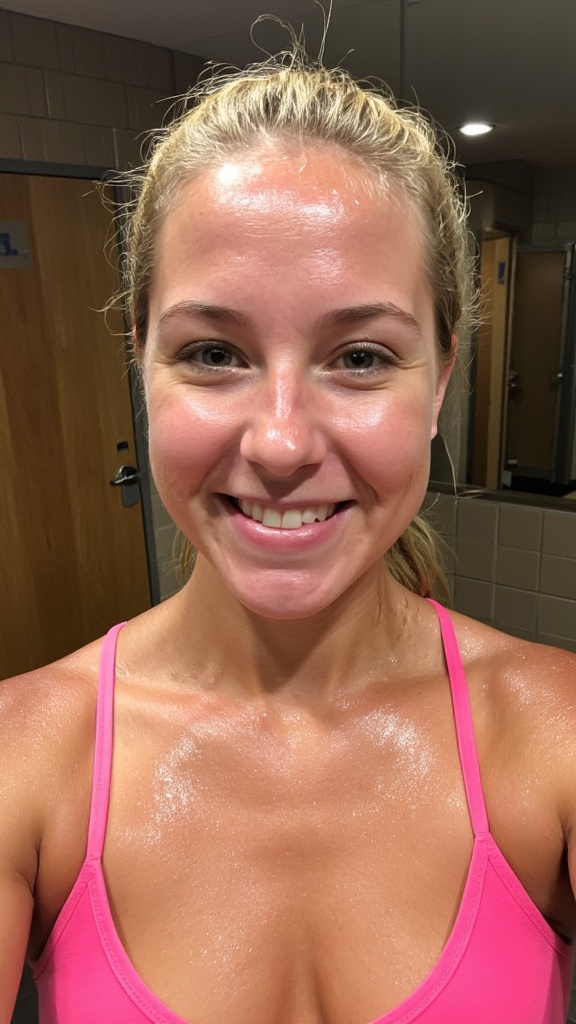In a medium close-up selfie shot, a young Caucasian woman is in a gym locker room, capturing the moment post-workout. The angle is slightly low and close, showing her full face and upper body as she smiles confidently into the camera. The lighting is artificial, likely from overhead gym lights, casting soft reflections on her sweaty skin. The scene has muted earth tones from the walls and doors, with subtle reflections from mirrors in the background, contributing to a warm, indoor atmosphere. Her skin is visibly shiny and slick with sweat, accentuating her natural skin texture. The light interacts with the moisture on her face and upper chest, creating a sheen that highlights subtle imperfections, such as small pores around her cheeks, forehead, and nose. Faint redness and a slight flush can be seen on her face, likely from the intensity of her workout. The faint texture of small freckles is visible across her upper cheeks and shoulders, and a minor sheen of oil enhances the realism of her skin. Despite the shine, thereâs no excessive smoothness, and the subtle details of natural skin, including small bumps and irregularities, are prominent, especially on the forehead and chin. She is wearing a pink sports bra, which contrasts with her pale skin and is drenched with sweat, clinging to her body. Her blonde hair is pulled back into a practical ponytail, a few damp strands stuck to her forehead and the sides of her face, contributing to the post-exercise look. Her earbuds are tucked into her ears, adding a casual, modern detail to the shot. In the background, the gym locker room features wooden doors marked "WC," tiled walls, and a mirror reflecting part of the room. The lighting is slightly warm, casting soft highlights on the reflective surfaces and her skin. There are no notable technical artifacts or distortions in the image, and while the focus is on the subject, the background adds context without being too distracting. Overall, the lighting interacts naturally with the subject, enhancing the realistic and candid mood of the scene <lora:amateurphoto-v6-forcu:0.8> In a medium close-up selfie shot, a young Caucasian woman is in a gym locker room, capturing the moment post-workout. The angle is slightly low and close, showing her full face and upper body as she smiles confidently into the camera. The lighting is artificial, likely from overhead gym lights, casting soft reflections on her sweaty skin. The scene has muted earth tones from the walls and doors, with subtle reflections from mirrors in the background, contributing to a warm, indoor atmosphere. Her skin is visibly shiny and slick with sweat, accentuating her natural skin texture. The light interacts with the moisture on her face and upper chest, creating a sheen that highlights subtle imperfections, such as small pores around her cheeks, forehead, and nose. Faint redness and a slight flush can be seen on her face, likely from the intensity of her workout. The faint texture of small freckles is visible across her upper cheeks and shoulders, and a minor sheen of oil enhances the realism of her skin. Despite the shine, thereâs no excessive smoothness, and the subtle details of natural skin, including small bumps and irregularities, are prominent, especially on the forehead and chin. She is wearing a pink sports bra, which contrasts with her pale skin and is drenched with sweat, clinging to her body. Her blonde hair is pulled back into a practical ponytail, a few damp strands stuck to her forehead and the sides of her face, contributing to the post-exercise look. Her earbuds are tucked into her ears, adding a casual, modern detail to the shot. In the background, the gym locker room features wooden doors marked "WC," tiled walls, and a mirror reflecting part of the room. The lighting is slightly warm, casting soft highlights on the reflective surfaces and her skin. There are no notable technical artifacts or distortions in the image, and while the focus is on the subject, the background adds context without being too distracting. Overall, the lighting interacts naturally with the subject, enhancing the realistic and candid mood of the scene <lora:amateurphoto-v6-forcu:0.8>