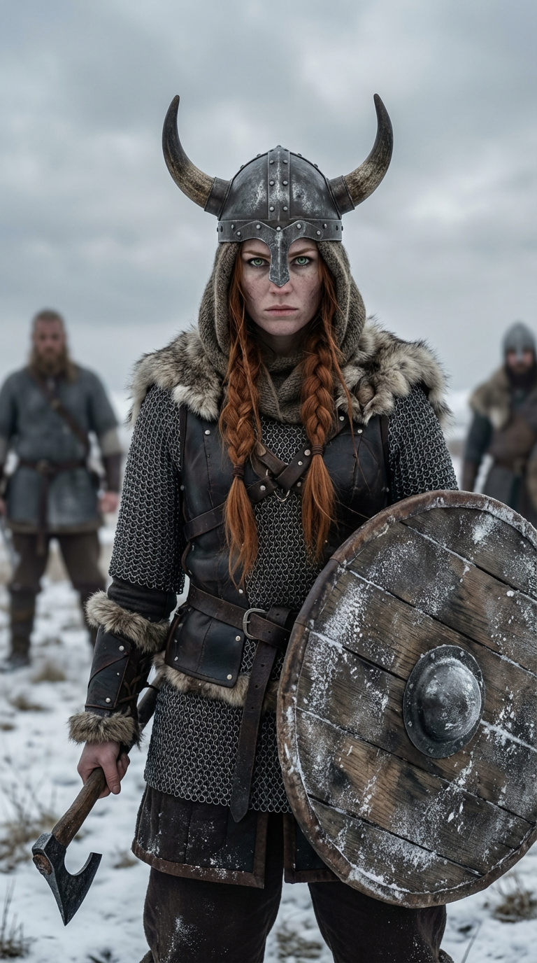 Photorealistic portrait of a fierce female Viking warrior with flowing red hair, intense green eyes, and a determined expression, standing in a snowy, desolate battlefield. She wears chainmail, fur-lined armor, and holds a weathered wooden shield with ice and snow, and a small axe. Two male warriors are blurred in the background. Overcast, diffused lighting creates a cold, stark, and gritty mood. Dominant colors are muted grays, whites, browns, and the striking red of her hair. Cinematic, epic, and dramatic atmosphere.