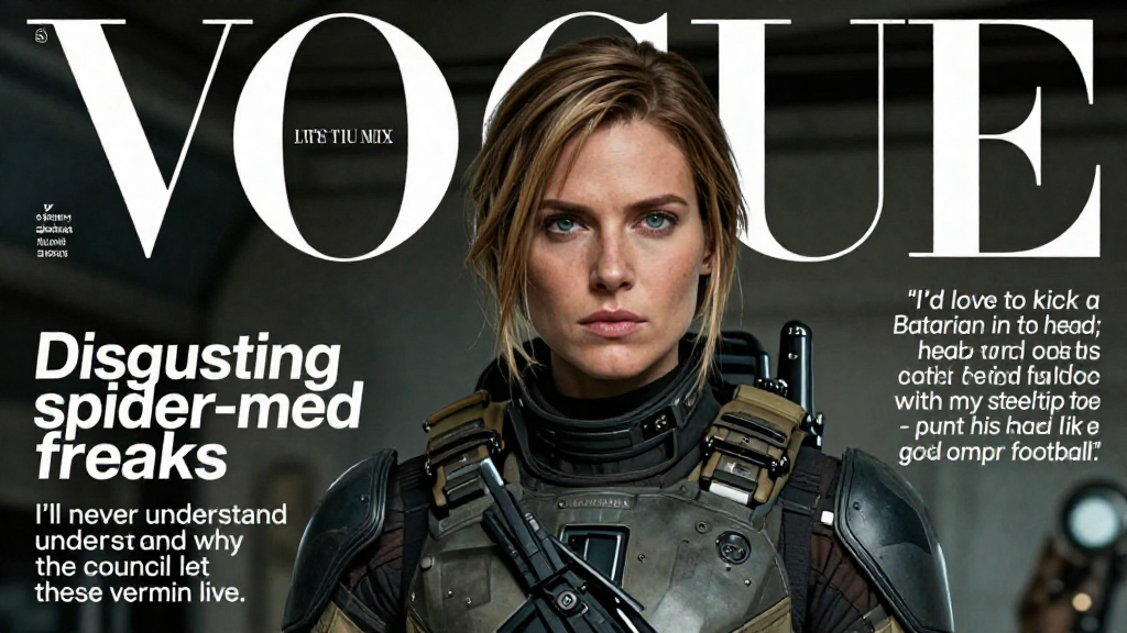 Female Commander Shepard On The female commander shepard on the cover of vogue magazine, realistic, all the text should be how much she hates batarians, and quotes from her that are derogatory to batarians, include phrases like "Disgusting spider-eyed freaks", and "I'll never understand why the council let these vermin live." and her quote, "I'd love to kick a Batarian in the head; just run up to one full speed and catch his head full force with my steel-tip toe - punt his head like a goddamn football." she should look like a real person, photorealistic.