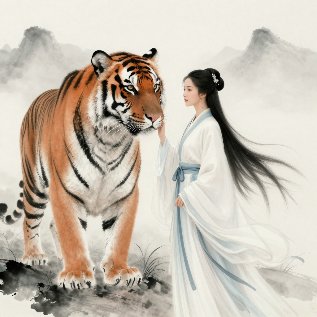 Woman In Hanfu With Majestic Tiger