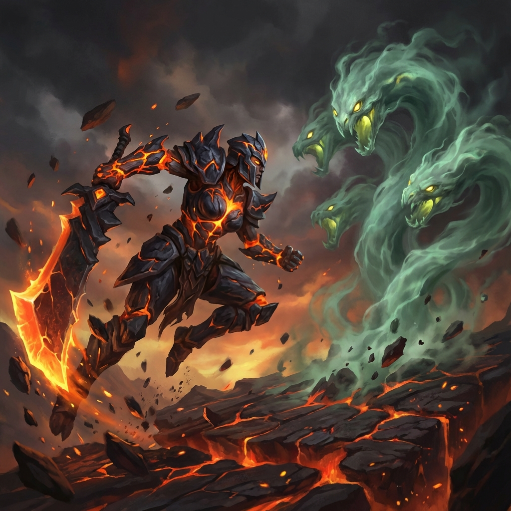 A Powerful Female Lava Golem A powerful female lava golem warrior with glowing cracks of magma on her dark rock skin, wielding a colossal greatsword with a fiery edge, mid-swing. She is in a heroic, dynamic pose, battling a multi-headed hydra made of glowing green smoke and mist, with piercing yellow eyes. The scene is set on a volcanic landscape with cracked, glowing lava ground and flying debris. Dark, dramatic lighting with strong contrasts between the fiery orange and green ethereal glow. Fantasy digital art, highly detailed, epic, intense atmosphere.