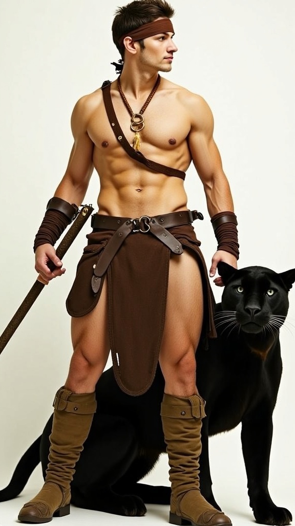 hypermasculine male, manly. Caucasian jungle man, dark brown hair short on sides longer on top. A brown leather band tied around the forehead. Tanned skin, smooth and hairless. Pale grey eyes with intense spiritual gaze. Strong brow and chiseled strong jaw, handsome, rugged looks. Soul patch on face. Tall, strong, muscular, sinewy, well defined, broad shoulders, broad chest, wide back. Olympian gymnast build/body. Gold necklace/talisman with leather strap around the neck. Wrapped brown leather bands around wrists, bands around tops of biceps, accenting big arms. Brown o-ring harness on the chest, strapped from the shoulder. Brown leather loincloth, barely covering  bulge in the groin area, exposing strong powerful legs. Soft, brown cloth knee-high boots wrapped around legs. Full body pose. He wields a unique bastard sword that he straps to his back. He keeps company with a huge, sleek black panther. ((MASTERPIECE))