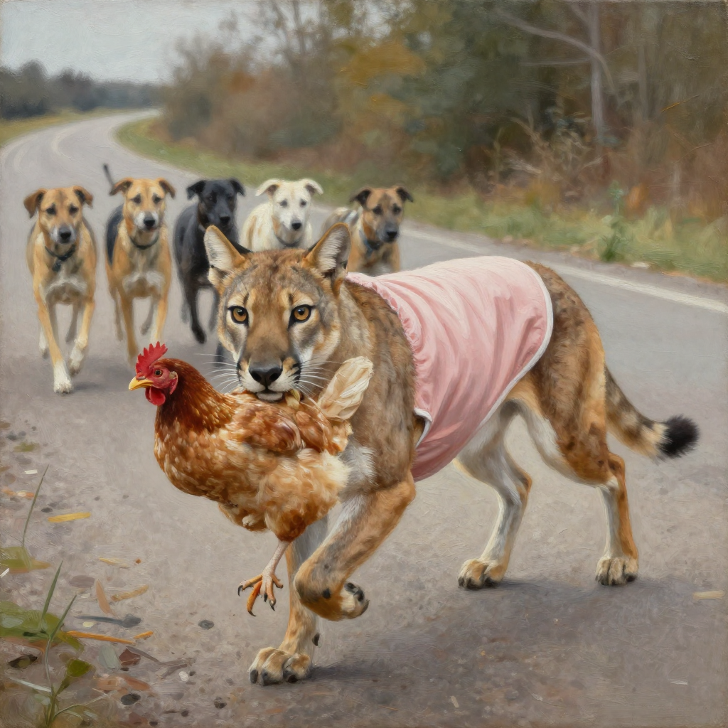 Cougar In Pink Nightgown Escaping Dogs