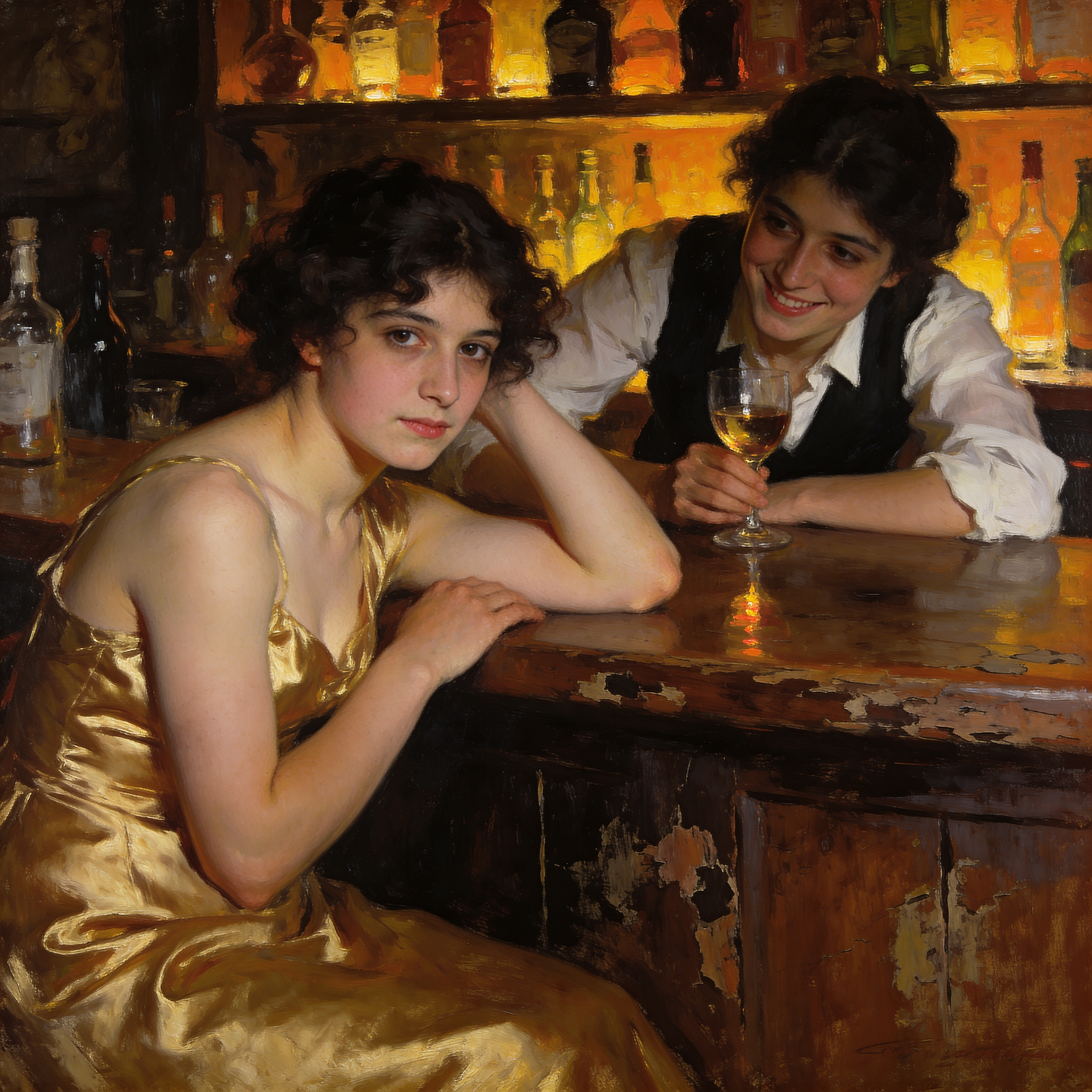 Contemplative Woman And Smiling Bartender In Bar