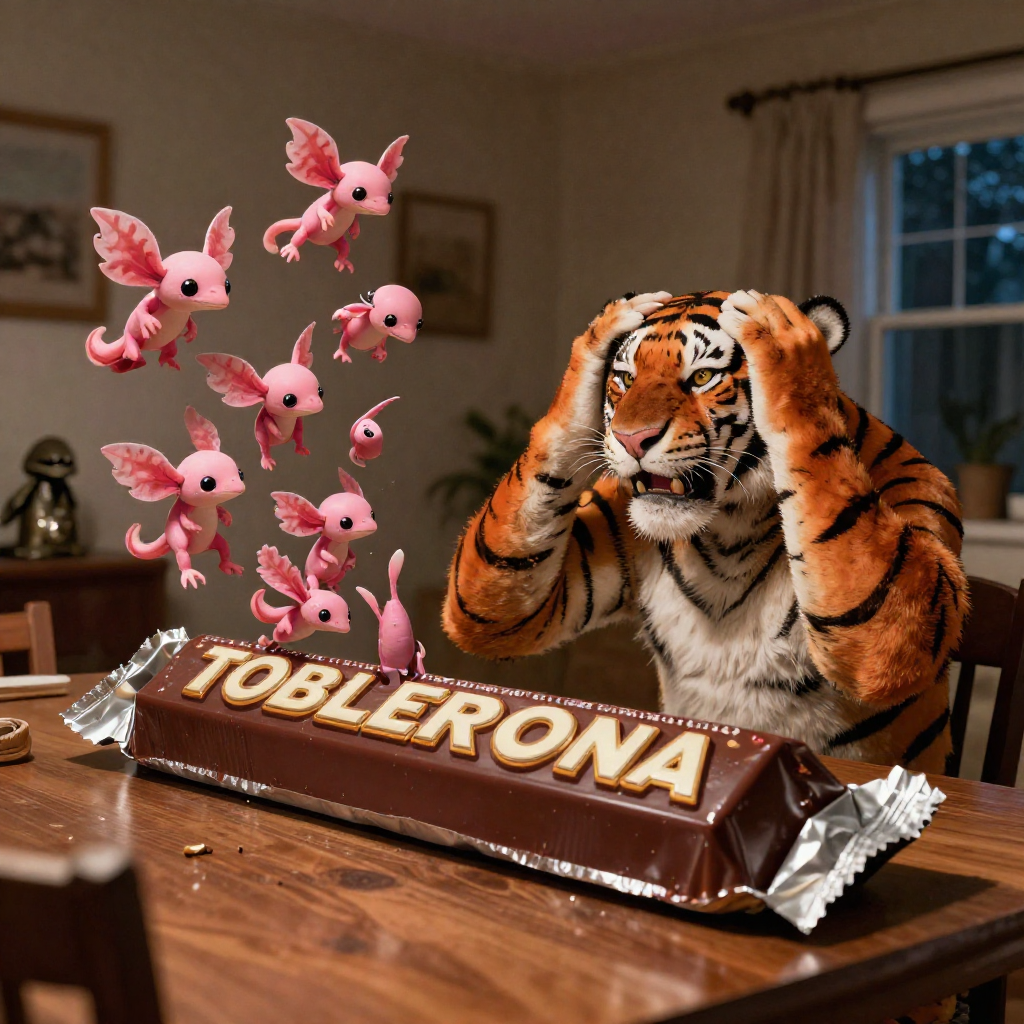 Horrified Tiger Man With Giant Toblerone