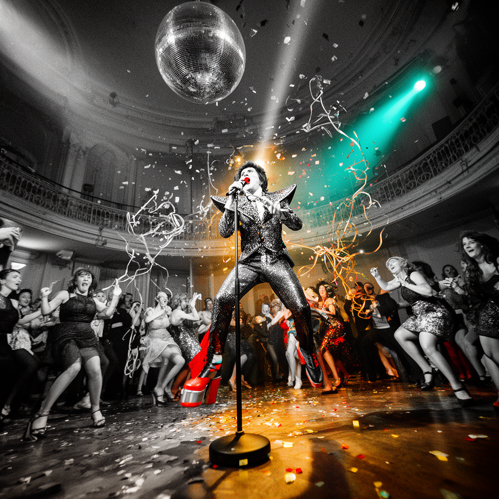 Glam Rock Singer Leaping In Ballroom
