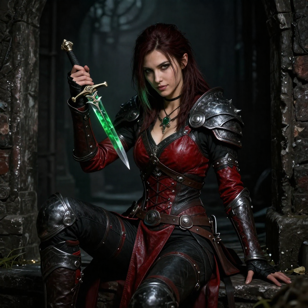 Mysterious Assassin Girl With Glowing Dagger Can you just upscale this image of an argonian assassin girl sitting in some dark alley looking at viewer while playing with her green-glass dagger? She is looking with a smirk at viewer. She is quite beautiful, and she wears that red-black light leather armor with some metal elements.
Keep the realism (style of a heavily modded Skyrim SPecial Edition)
Do not change the pose or composition.