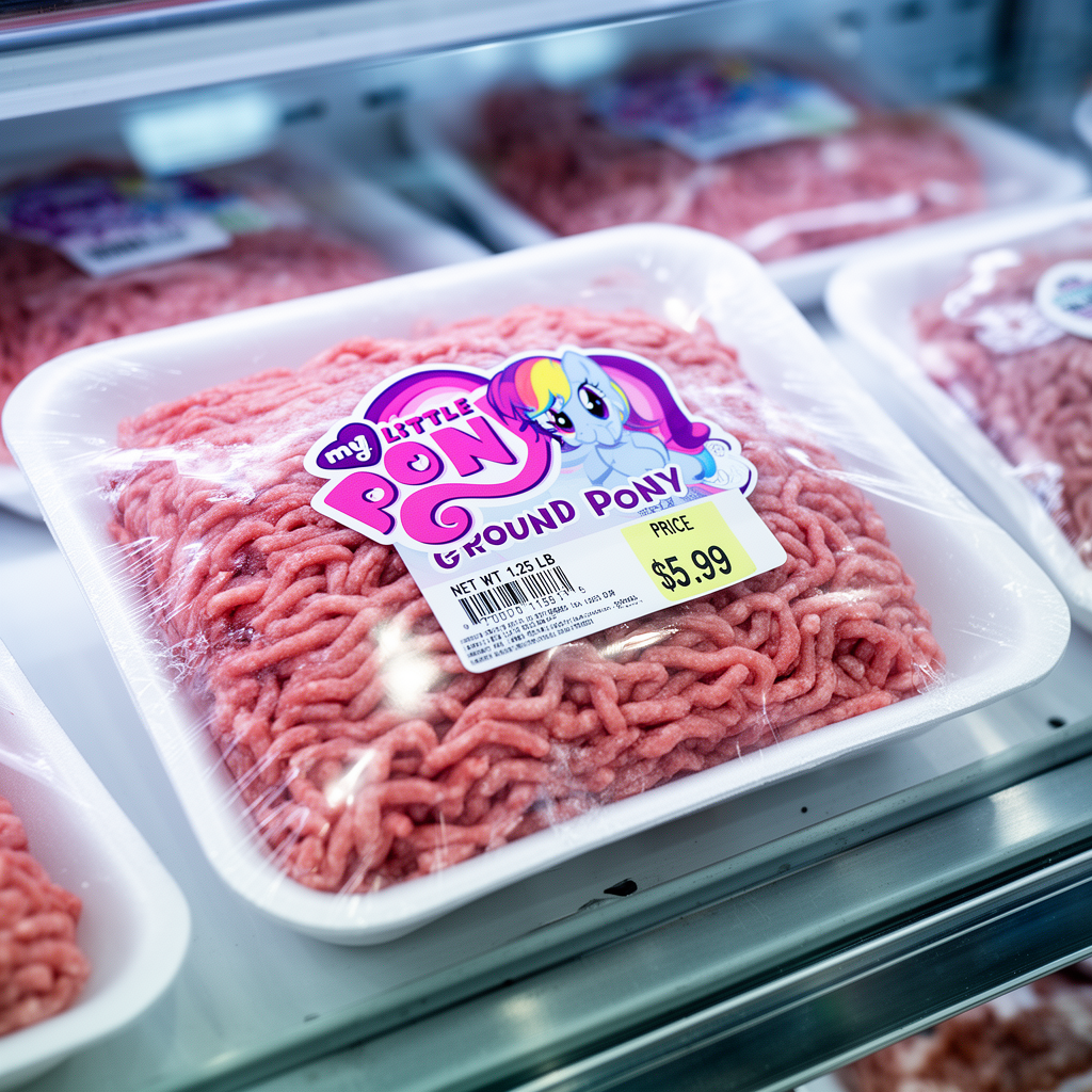 Photorealistic close-up of a package of pink ground meat in a white foam tray, tightly wrapped in clear plastic film, prominently displayed in a brightly lit supermarket refrigerated meat case. The package features a playful, colorful label with "MY LITTLE PONY" in a whimsical font and a cartoon pony illustration, above "GROUND PONY", "NET WT 1.25 LB", and "PRICE $5.99". The lighting is bright and even, creating a clean, slightly sterile supermarket atmosphere with cool tones and reflections on the plastic wrap. Other similar meat packages are visible in the blurred background.