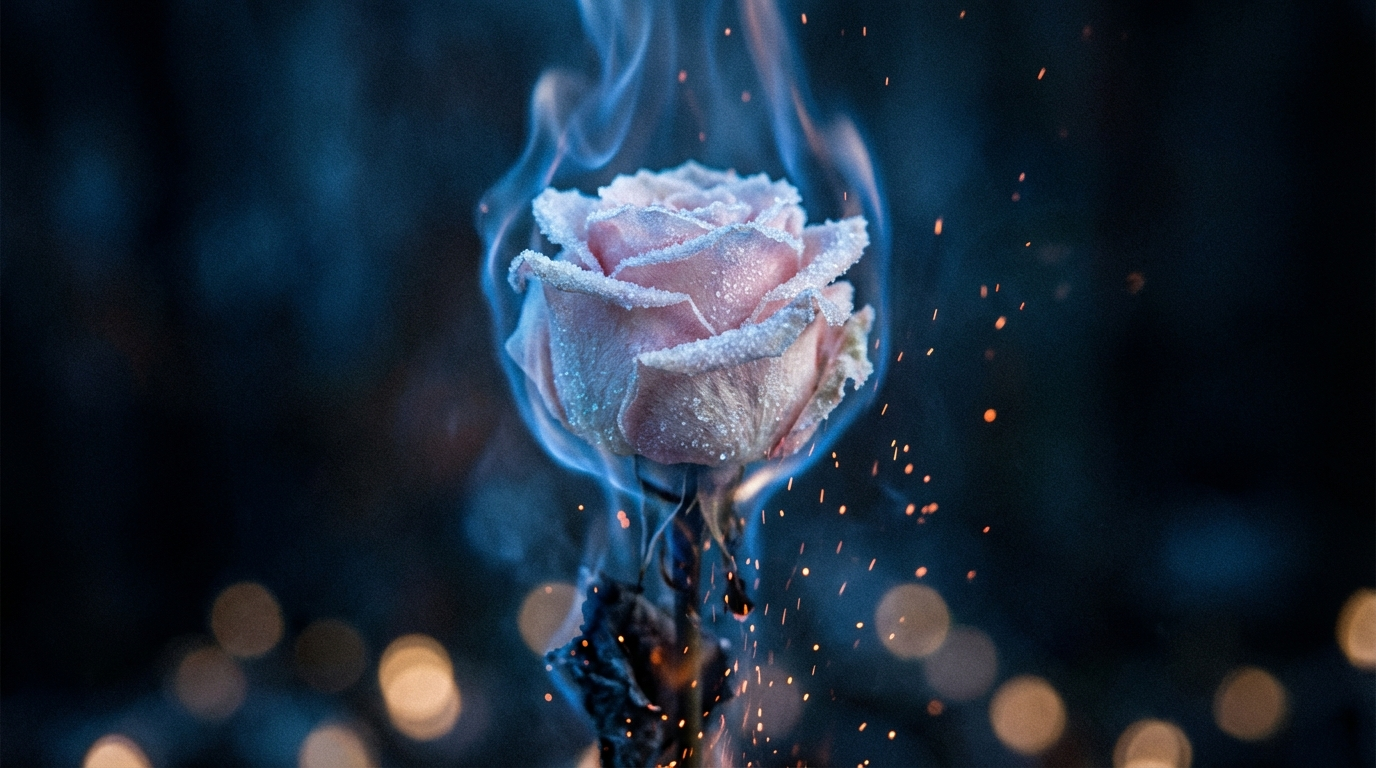 Frosted Pink Rose Burning In Blue Flames